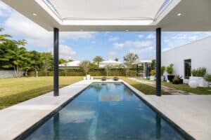 A rectangular covered swimming pool